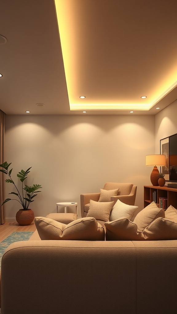 Living room with subtle recessed lighting and cozy furniture arrangement.