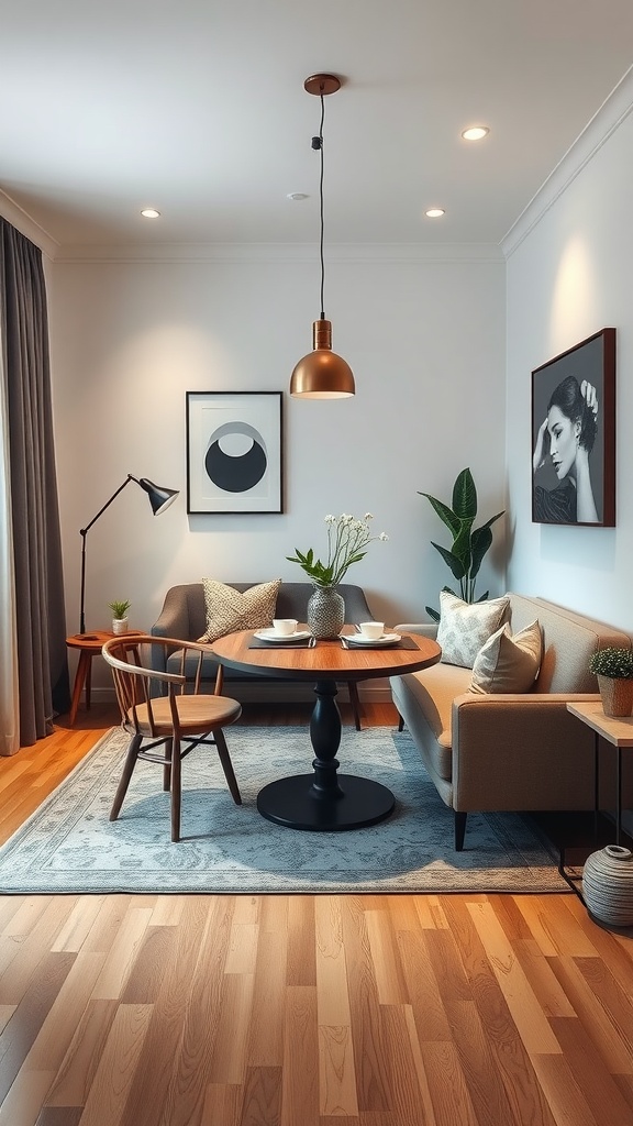 Cozy small living room layout featuring a dining table, sofa, and decorative elements