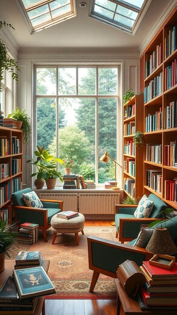 A cozy home library with wooden shelves filled with books, comfortable seating, and large windows letting in natural light.