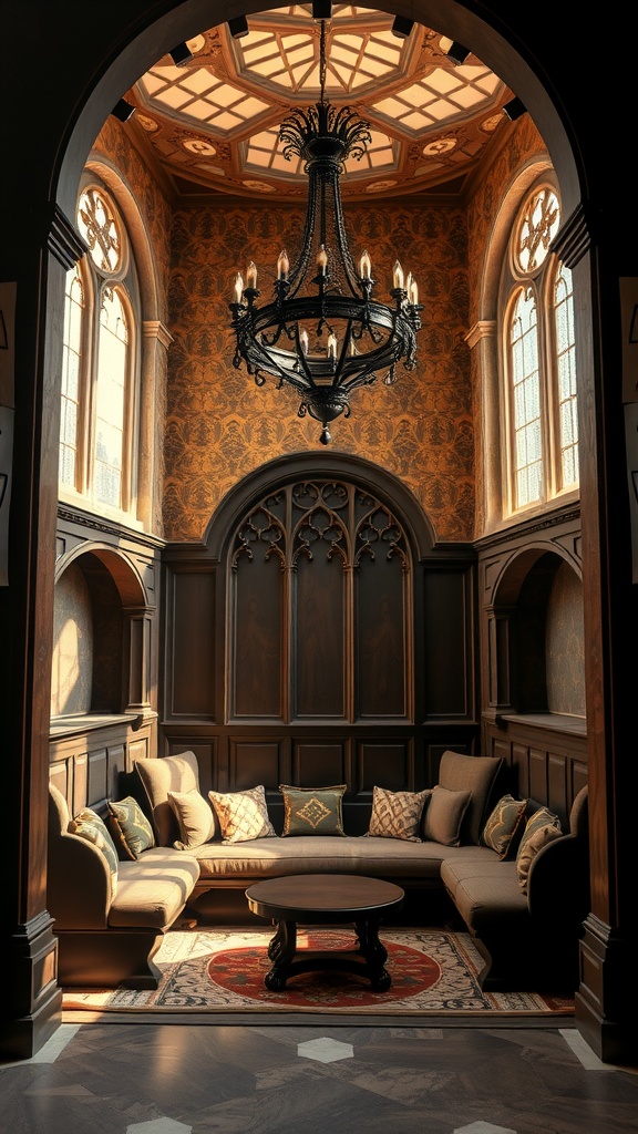 A sunken seating area with a Gothic chandelier, featuring plush sofas, intricate wooden paneling, and tall windows.