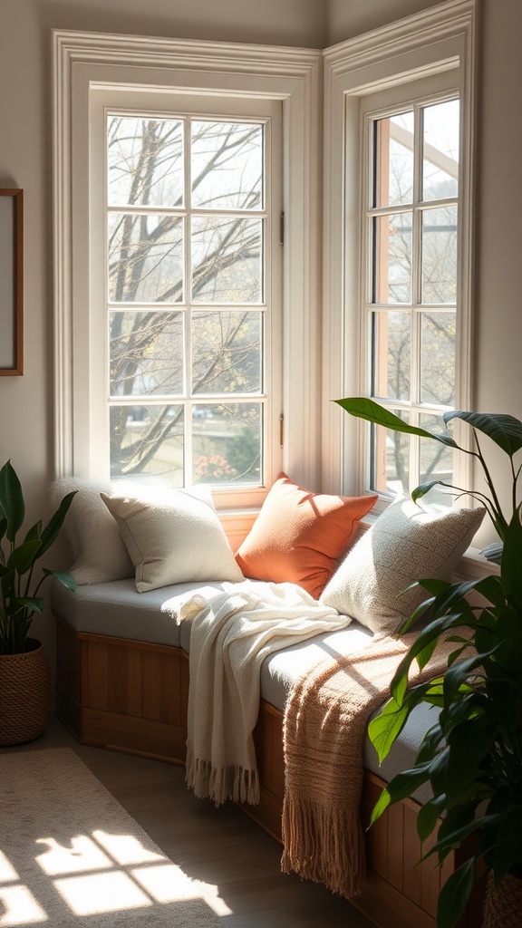 Cozy sunlit window seat with pillows and plants