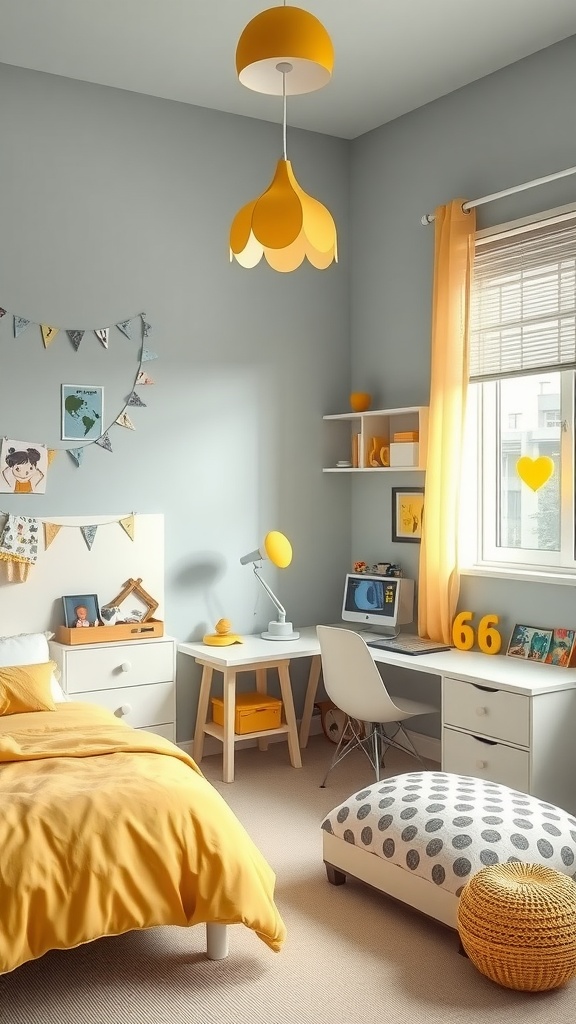 A brightly decorated bedroom featuring a sunny yellow and gray color scheme, with yellow bedding, a gray wall, and cheerful decor.