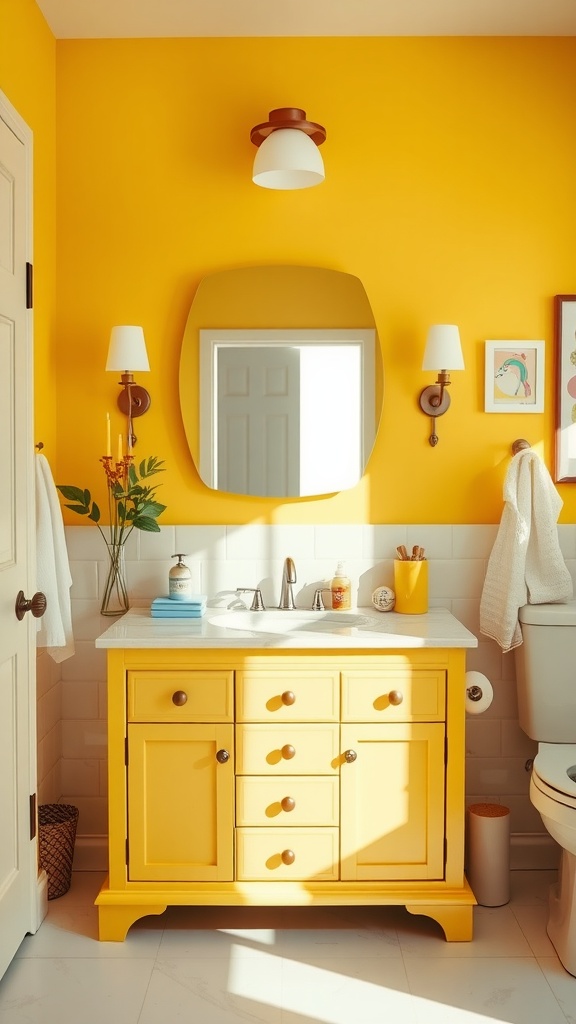 A bright yellow bathroom featuring a yellow vanity, sunny walls, and white fixtures