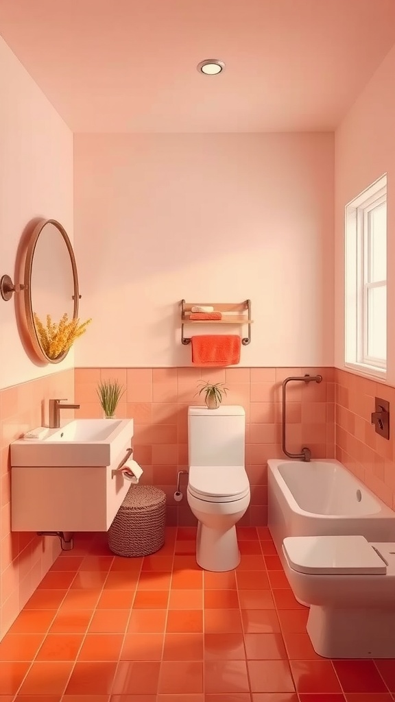 A sunset orange themed bathroom with warm lighting, orange tiles, and modern fixtures.