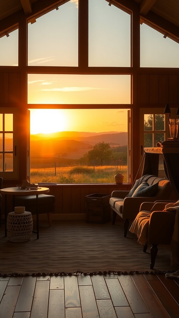 Cozy rustic farmhouse living room with sunset view through large windows