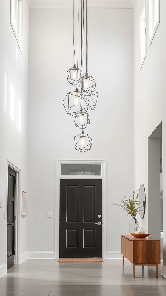 A modern foyer with suspended geometric pendant lights hanging above the entrance door and a stylish console table