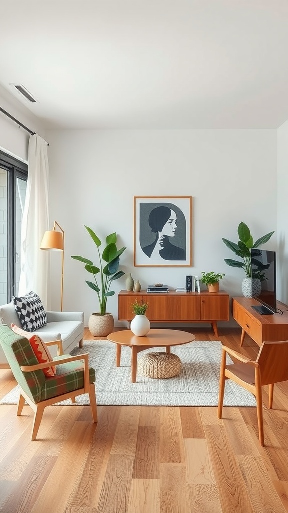 A stylish Mid-Century Modern living room featuring natural wood furniture, plants, and a bright, airy atmosphere.