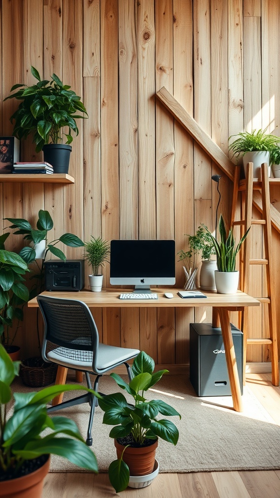 A modern home office with reclaimed wooden walls, a wooden desk, a computer, and various plants.