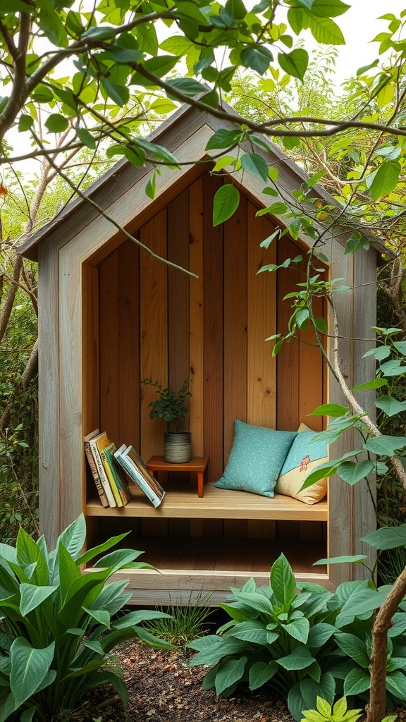 A cozy wooden reading nook surrounded by greenery, featuring a bench, cushions, and books.