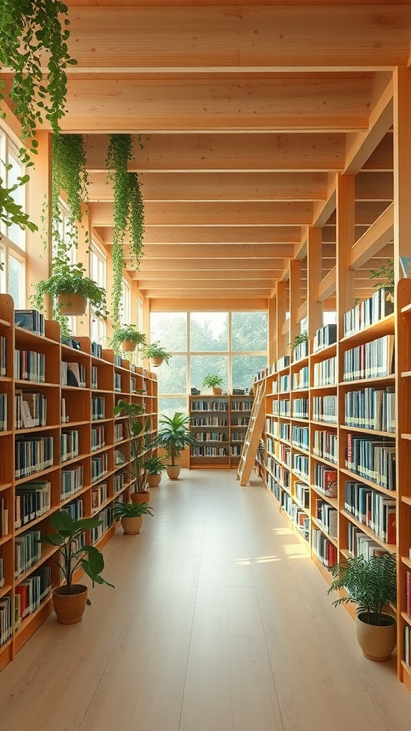 A bright and airy home library featuring wooden shelves, large windows, and indoor plants.