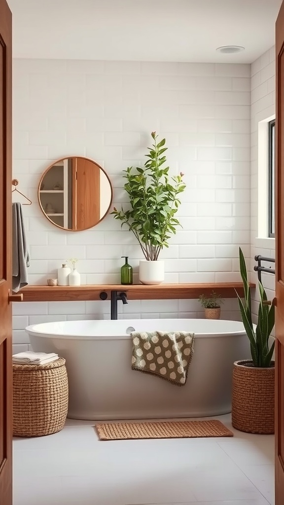 A modern farmhouse bathroom with a freestanding tub, wooden accents, and plants.