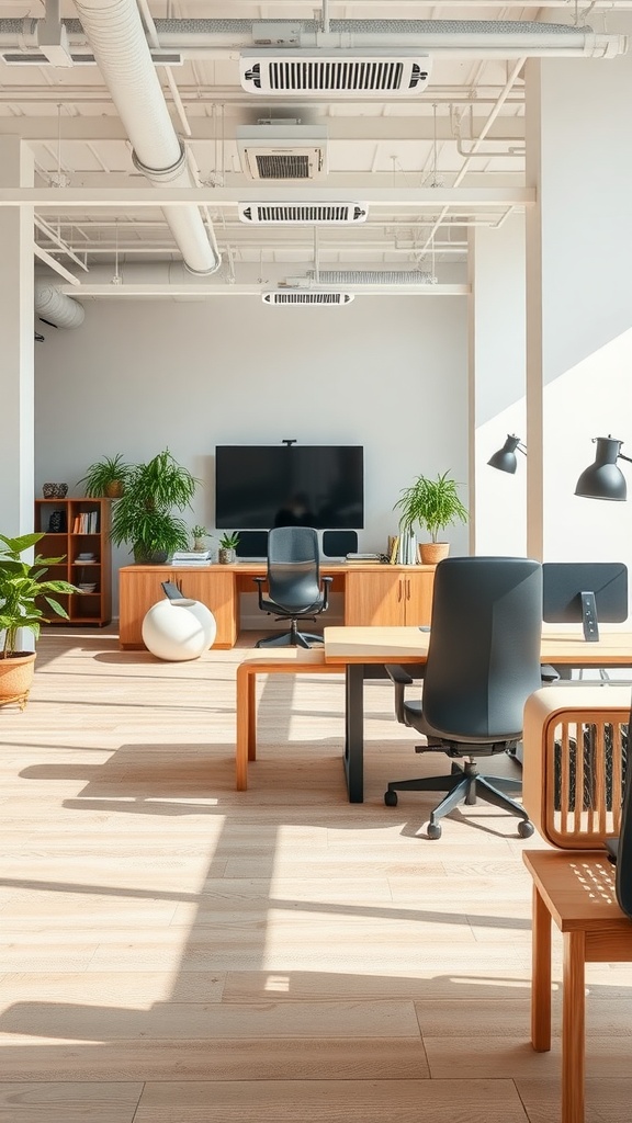 A modern office space with natural light, plants, and wooden furniture.