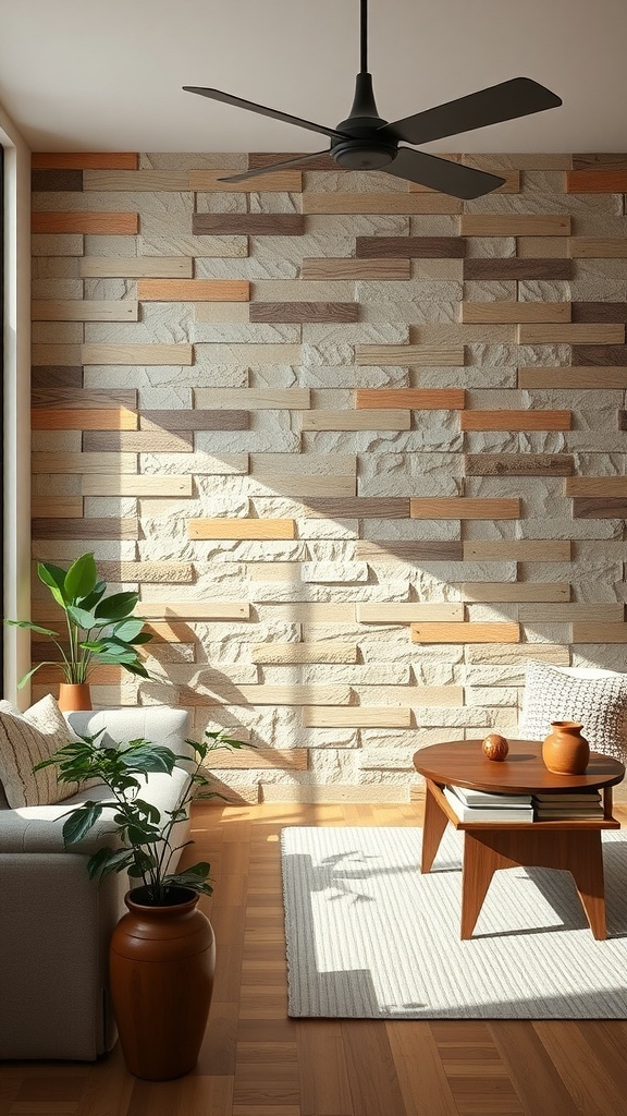 A contemporary living room featuring a textured stone and wood accent wall, a light-colored sofa, a wooden coffee table, and houseplants.