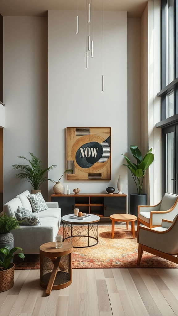 A modern living room featuring art deco elements with sustainable materials, light wood flooring, and green plants.