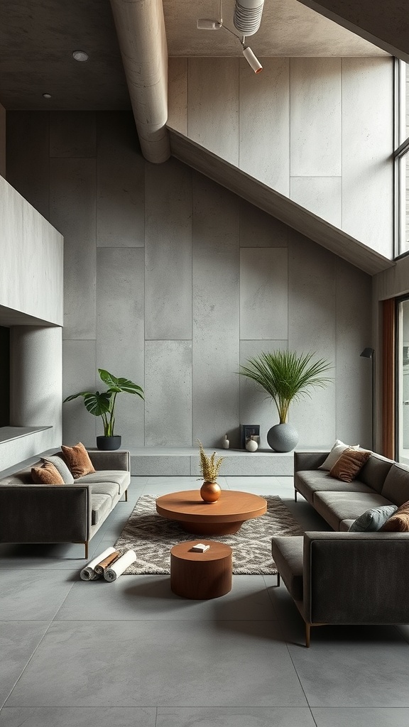 A modern living room featuring concrete walls and velvet sofas, showcasing sustainable design.