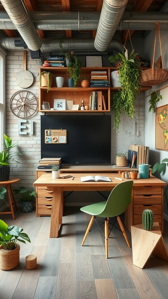 A sustainable workspace featuring a wooden desk, organized shelves with plants, and a cozy atmosphere.