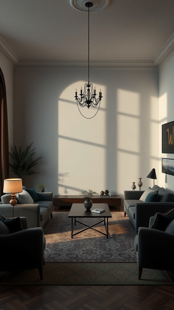 A modern living room featuring Gothic elements with symmetrical furniture layout and elegant chandelier