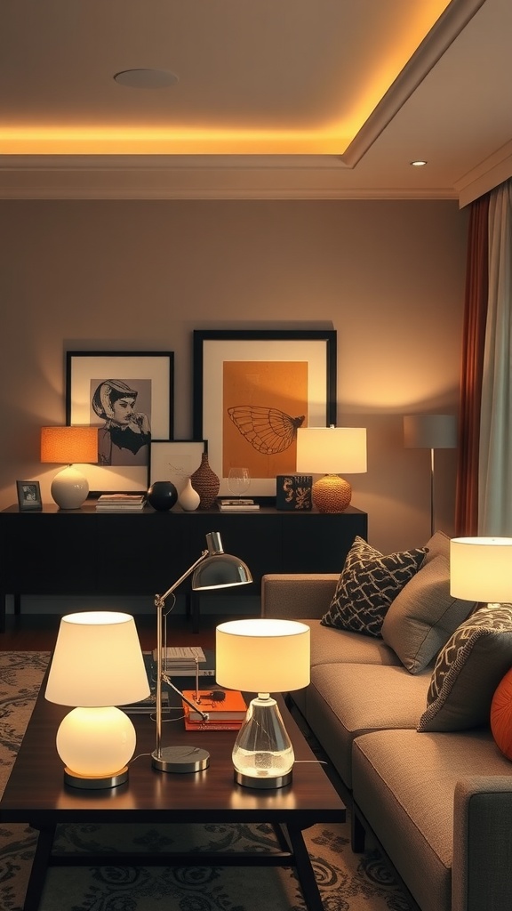 A stylish living room featuring a variety of table lamps on a coffee table, showcasing modern living room lighting ideas.