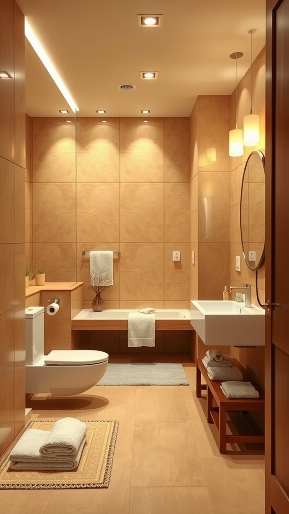 Modern tan bathroom with warm tones, minimalist design, and soft lighting