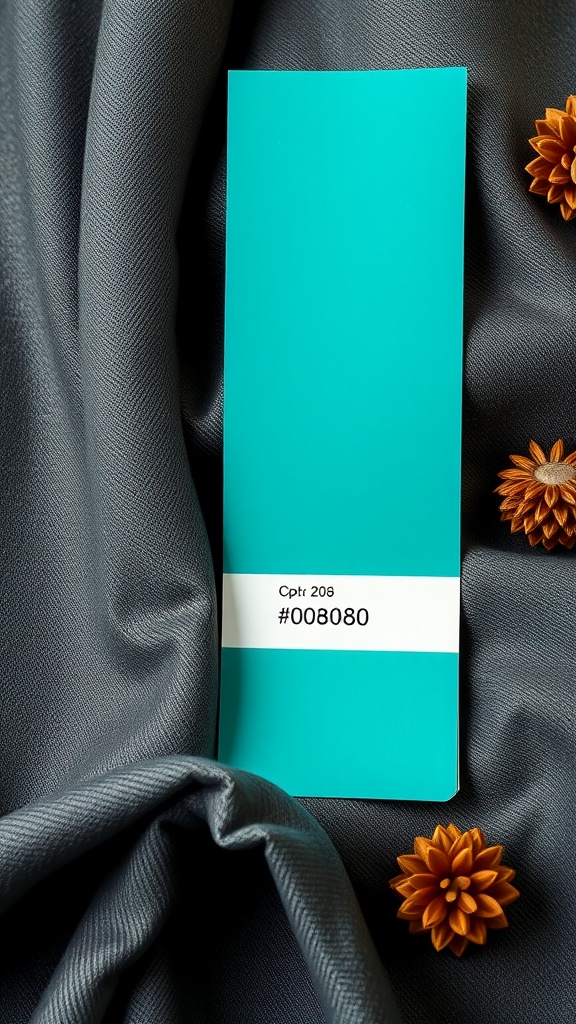 Teal color swatch against charcoal gray fabric with decorative flowers