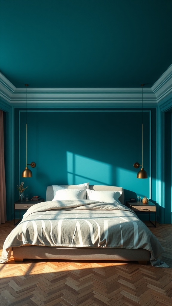 A bedroom featuring a teal accent ceiling, light walls, a cozy bed, and stylish pendant lights.