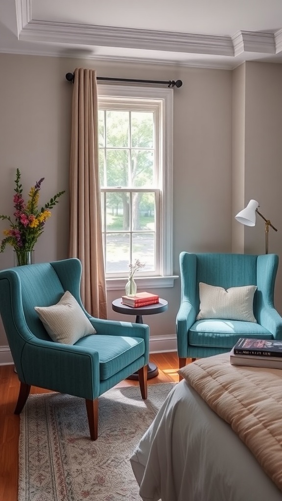 Two teal accent chairs next to a small side table in a bright bedroom setting