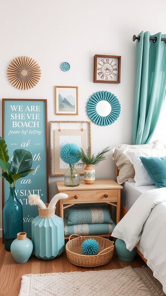 Cozy bedroom corner featuring teal accent decor, including vases, wall art, and plants.