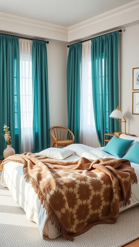 A cozy bedroom featuring teal curtains, neutral walls, and a warm blanket on the bed.