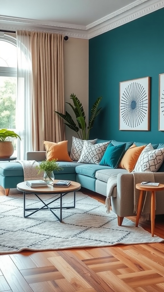 A chic living room featuring teal and beige decor, with a green sofa, teal ottoman, and decorative cushions.