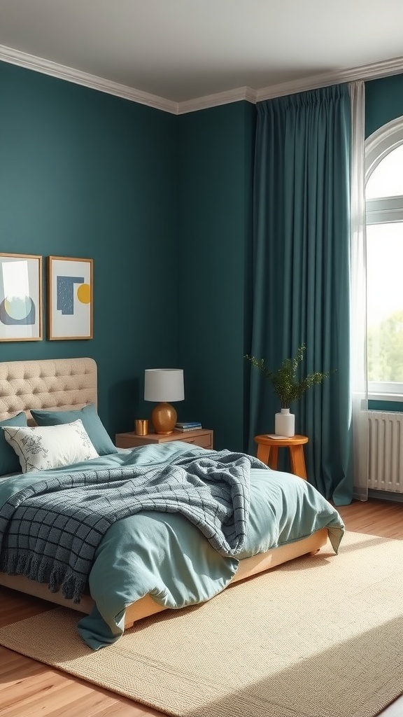 A cozy teal bedroom featuring beige accents, a comfortable bed, and soft natural lighting.