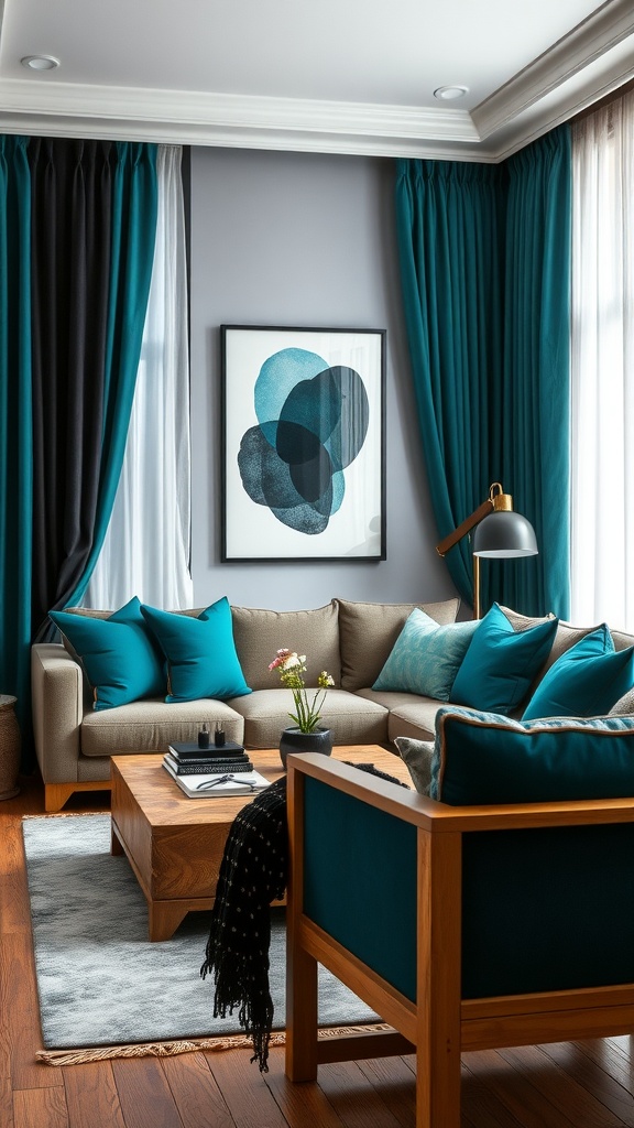 A stylish living room featuring teal curtains and cushions with black accents, showcasing a modern aesthetic.