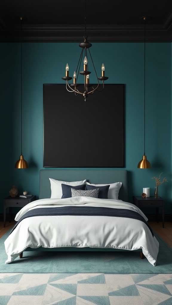 A stylish bedroom featuring teal walls, a black ceiling, and elegant decor, showcasing a bed with white linens and navy accents.