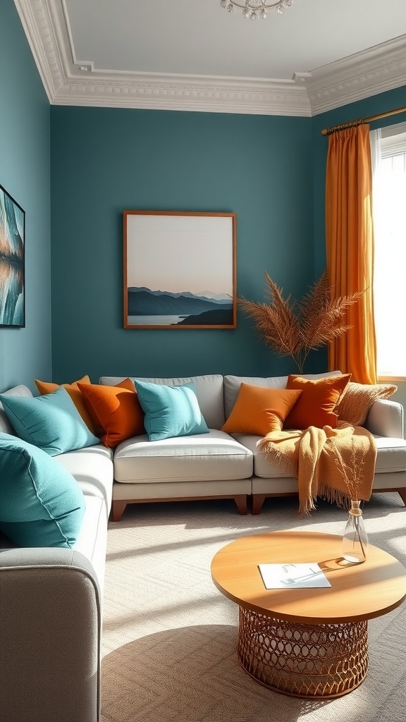 A stylish living room featuring teal walls, a light-colored couch with teal and orange pillows, and a round brown coffee table.