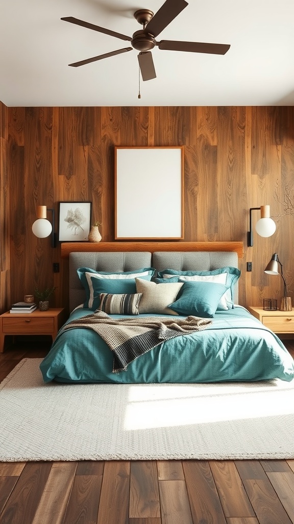 Cozy bedroom with teal bedding and brown wooden walls, showcasing a balance of colors.