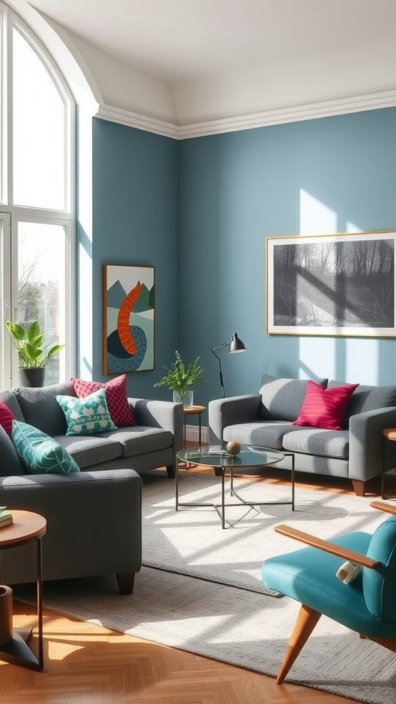 A cozy living room featuring teal walls, gray sofas, and burgundy accents.