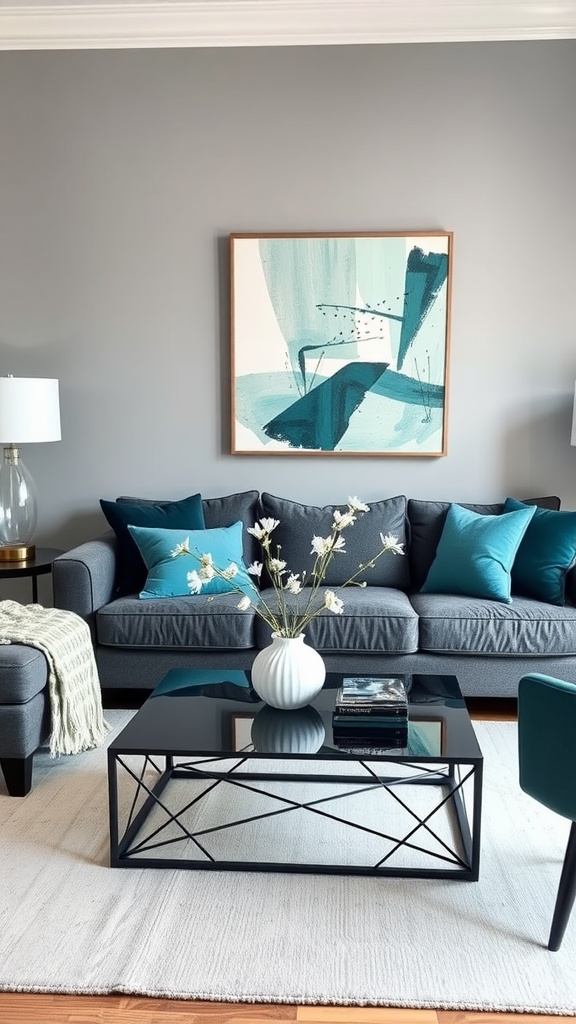 A living room featuring a charcoal sofa with teal pillows, a black coffee table, and an abstract teal artwork.