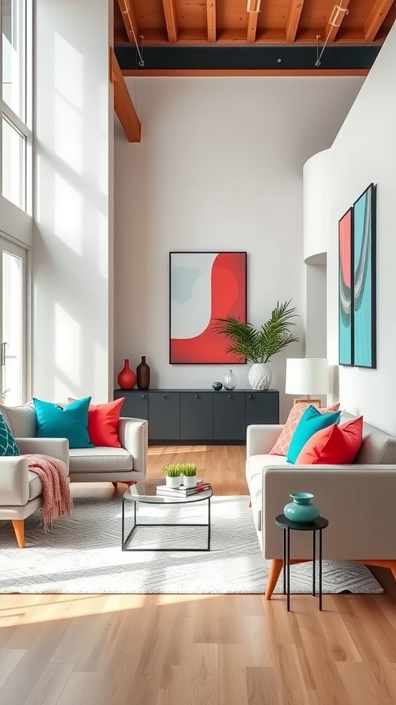 Living room with teal and coral decor