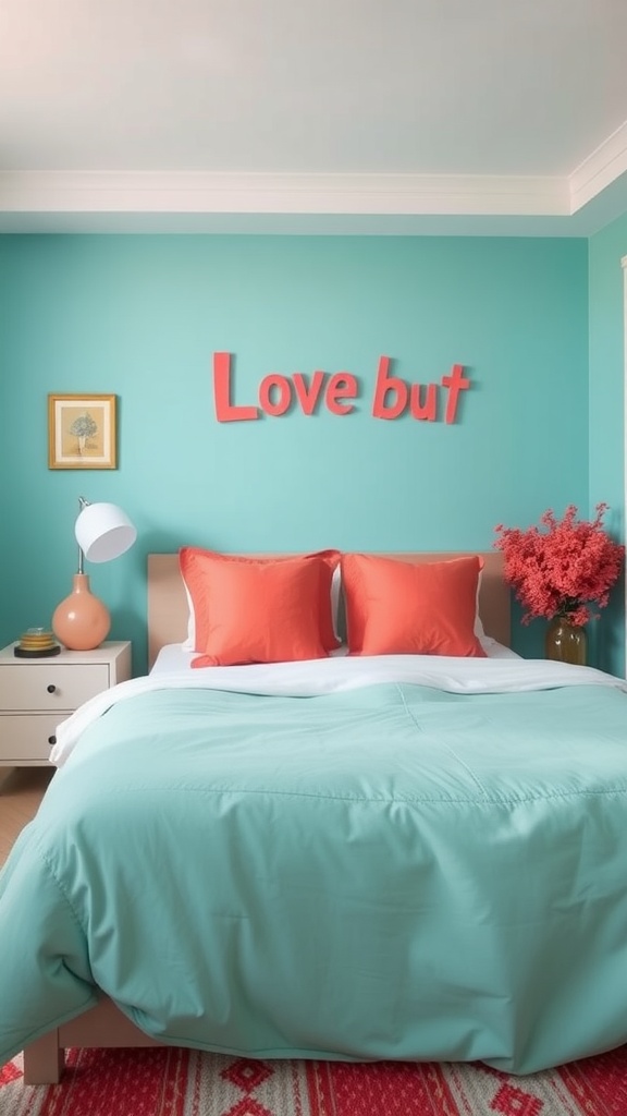 A cozy bedroom featuring teal walls and coral pillows, with the words 'Love but' on the wall.