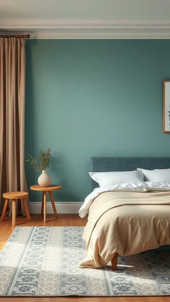 A cozy bedroom featuring teal walls, cream bedding, and wooden furniture.