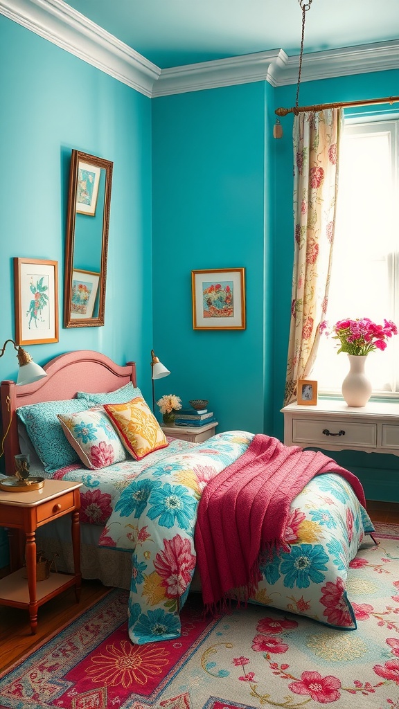 A bright teal bedroom featuring floral bedding and curtains, creating a vibrant and inviting atmosphere.