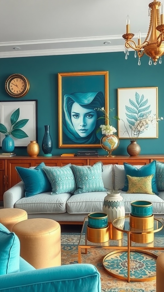 A stylish living room featuring teal walls, gold accents in decor, and an elegant chandelier.