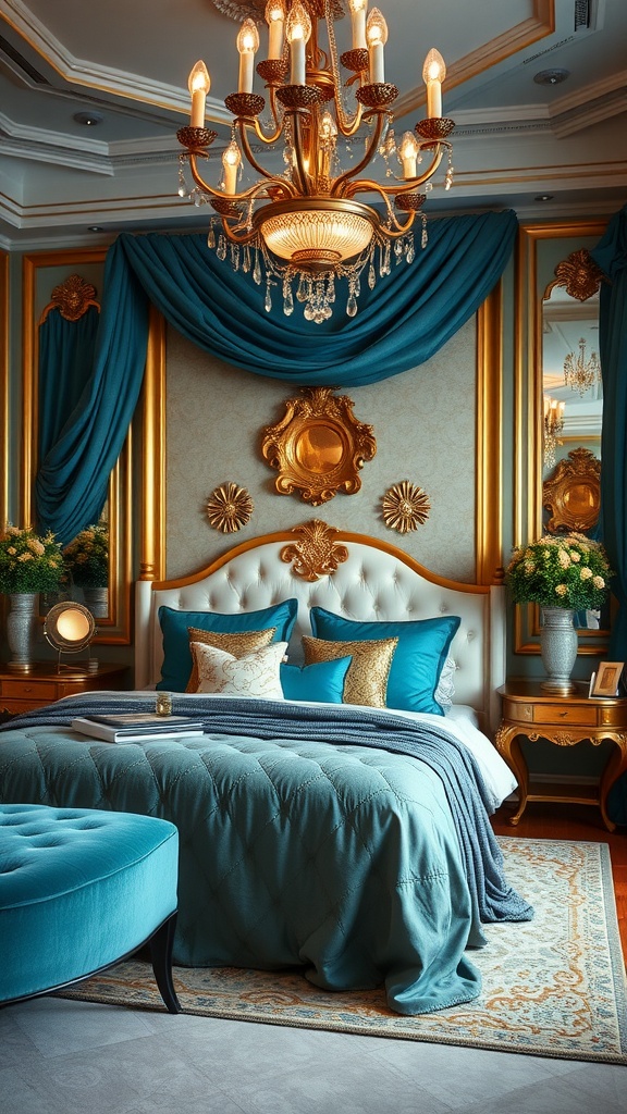 A luxurious teal and gold themed bedroom featuring a tufted bed, gold accents, and elegant décor.