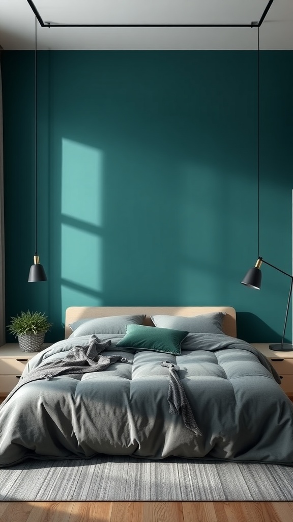 A modern bedroom featuring a teal wall and gray bedding, accented with stylish lighting and a potted plant.