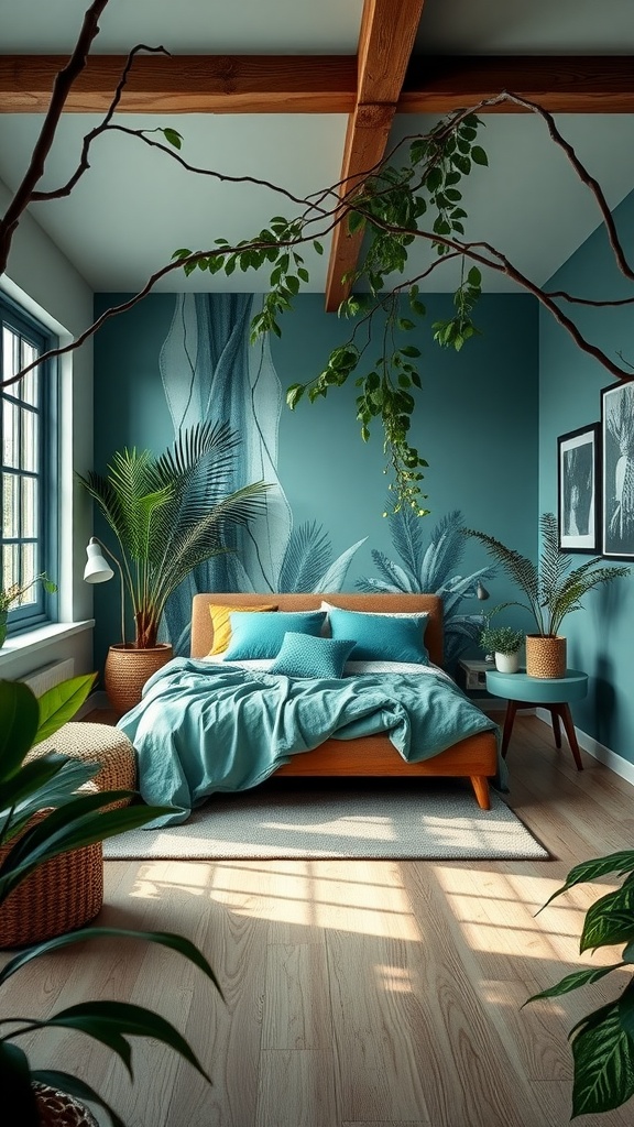 A teal and green bedroom with nature-inspired decor, featuring plants, a cozy bed, and soft lighting.