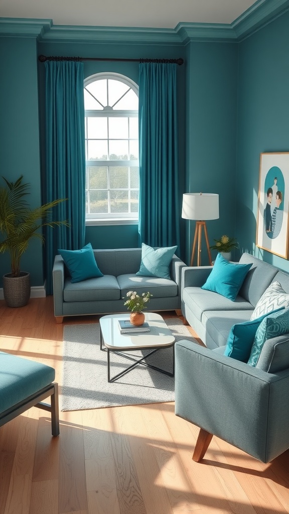 A stylish living room featuring teal walls and grey furniture, with bright natural light coming through a large window.