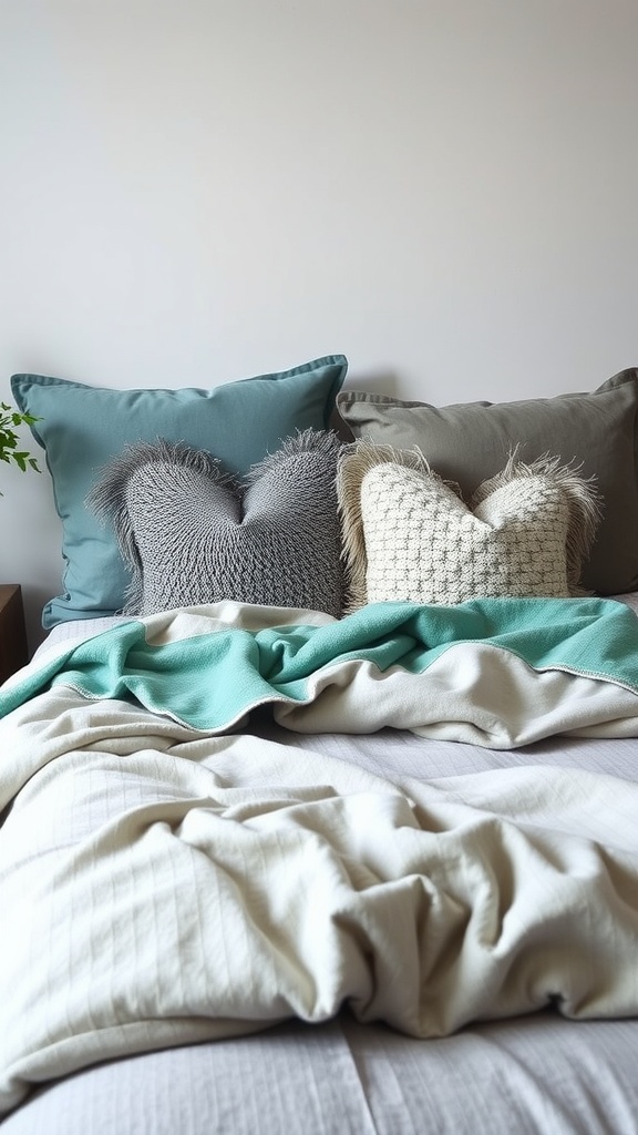 A cozy bedroom featuring teal and grey bedding with various textured pillows.