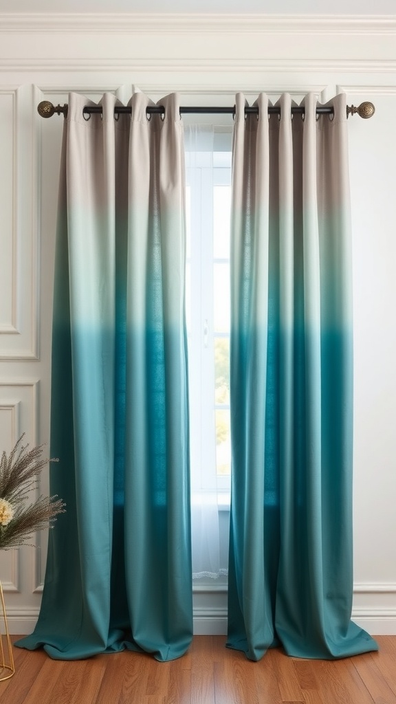 Teal and grey ombre curtains hanging by a window, with a textured fabric and a bright atmosphere