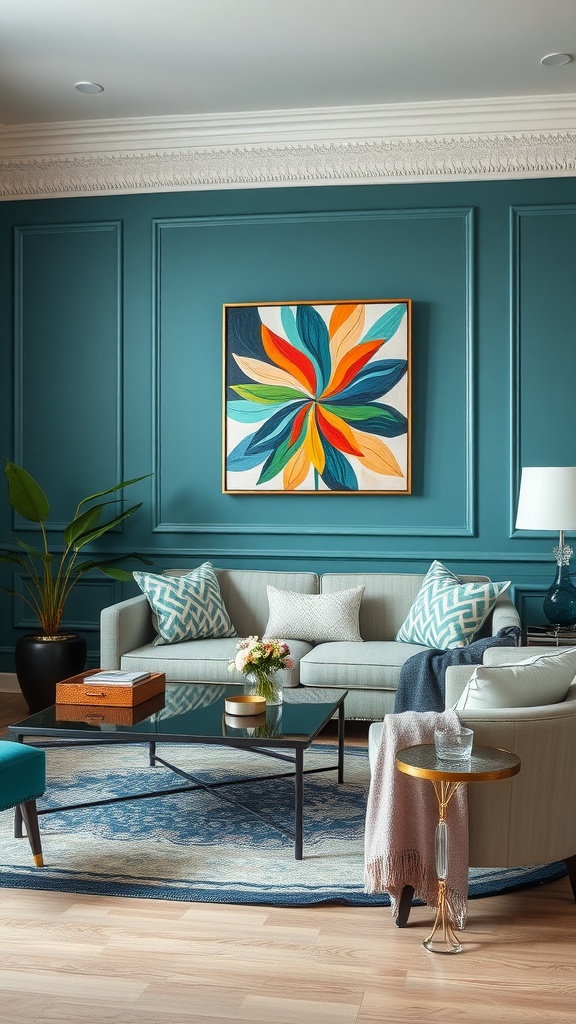 A stylish living room featuring teal walls, greige furniture, and colorful artwork.