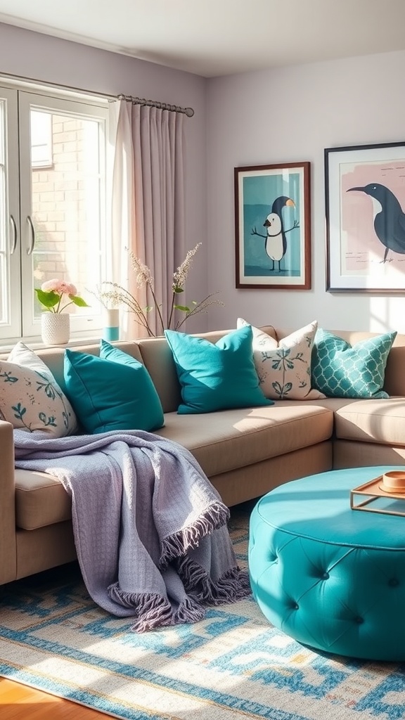 A cozy living room featuring teal pillows, a teal ottoman, and a lavender throw blanket, complemented by light lavender walls and decorative artwork.