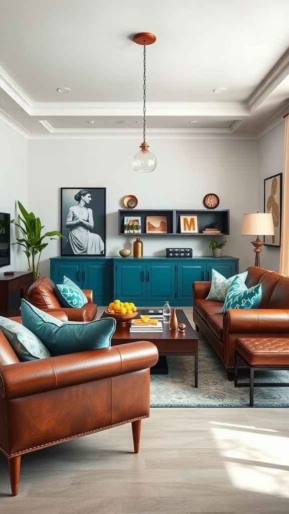 A stylish living room featuring teal furniture and brown leather sofas, creating a chic and colorful atmosphere.